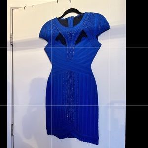 herve leger blue sequin shoulder cut dress